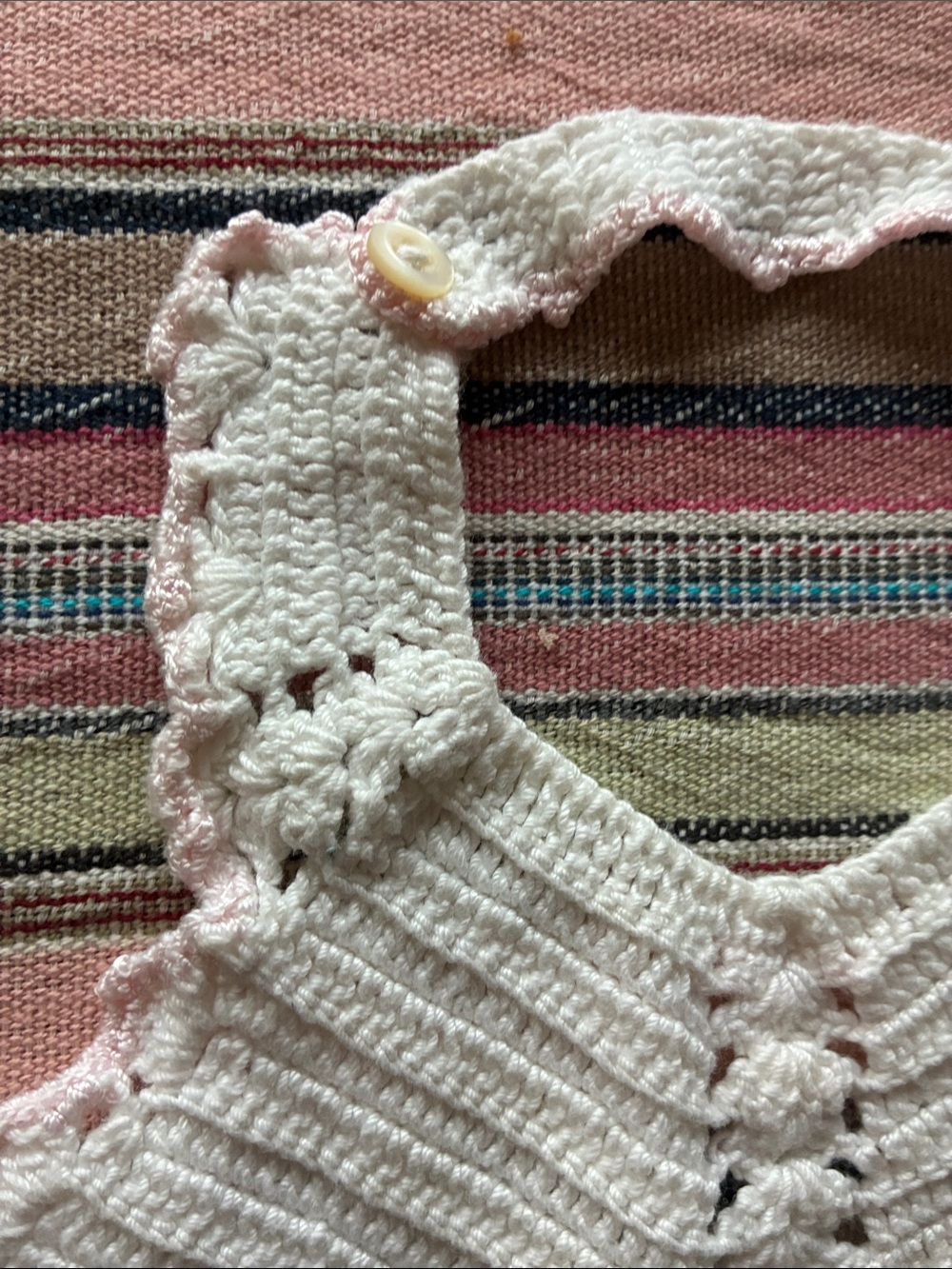 Antique Vintage Handmade White Crochet Baby bib with Pink Trim - Picture 2 of 5